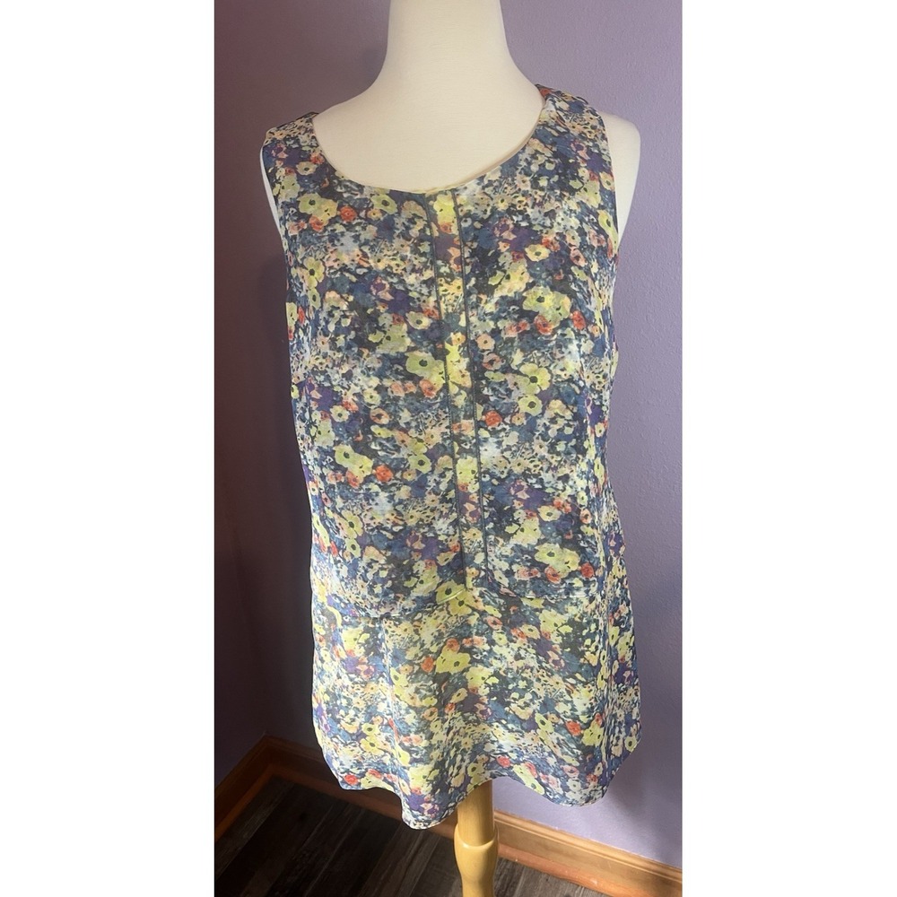 Cabi Floral Blue Yellow Summer Tank Tunic Positano Top Sleeveless Blouse Small